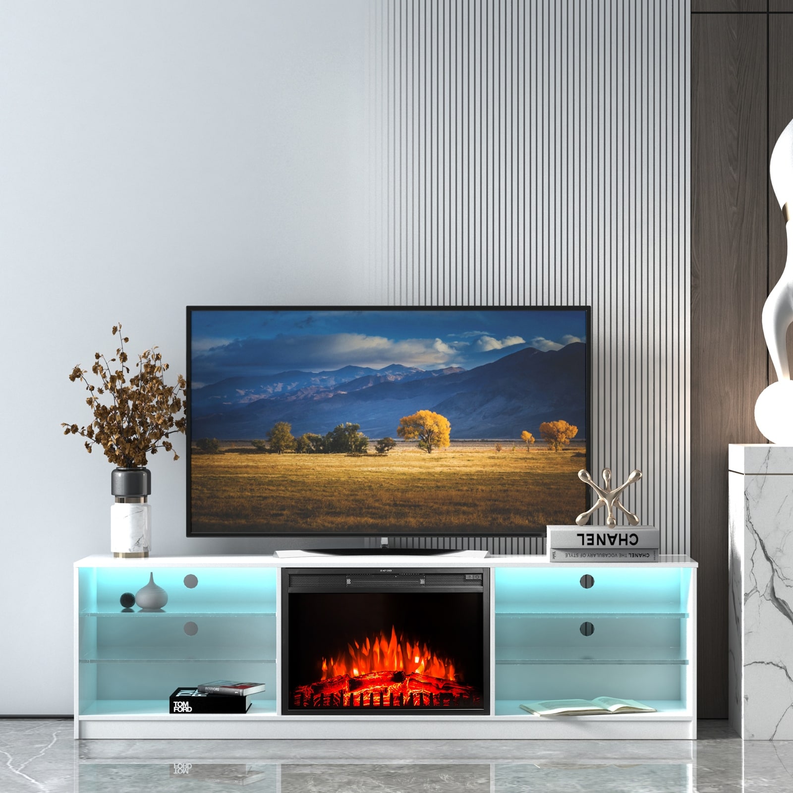 78 W Textured Veneer RGB LED TV Stand with Both Side 2-Tier Glass Shelves  - On Sale - Bed Bath u0026 Beyond - 37357369