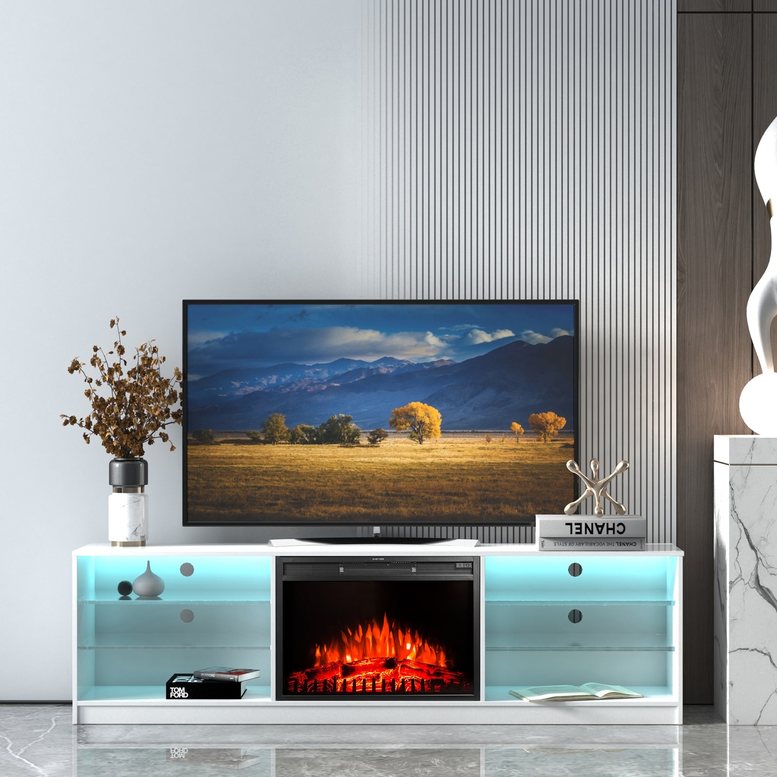 GEROJO White Modern TV Stand with Electric Fireplace, Ample Storage