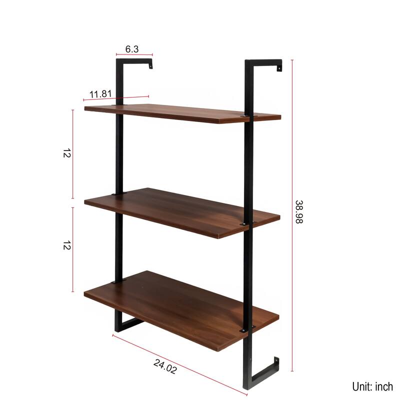 Roomfitters 3-Tier and 2-Tier Wall Mounted Shelves, Metal and Wood Hanging Storage Rack, Walnut