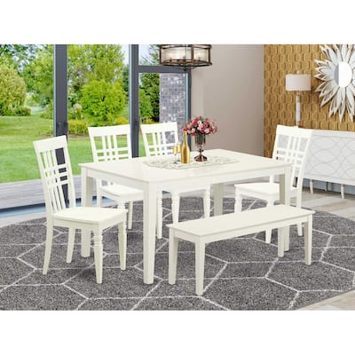 HomeStock 6-Piece Rectangle Linen White Finish Solid Wood Top Dining Table with 1 Bench, 4 Chairs with Lattice Back