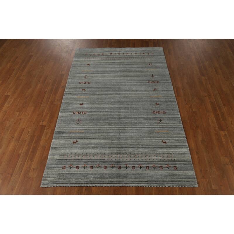 Hand Knotted Oriental 100% Wool Carpet Tribal Animal Pictorial Greys & Charcoal Gabbeh Area Rug - 8' 0'' X 5' 0''