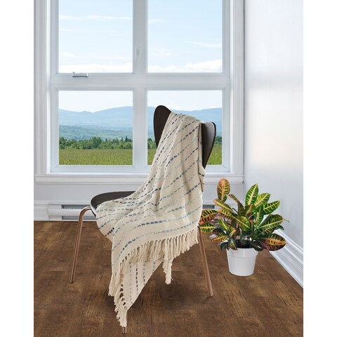 Ox Bay Hand-Woven Natural Cotton Striped Throw Blanket with Fringe