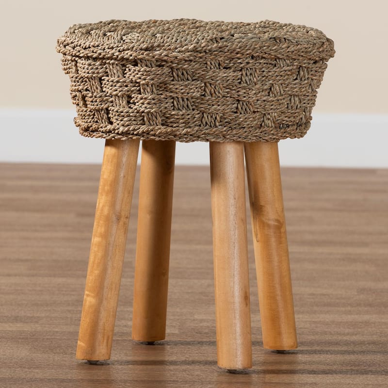 Denver Modern Bohemian Natural Seagrass and Acacia Wood Stool