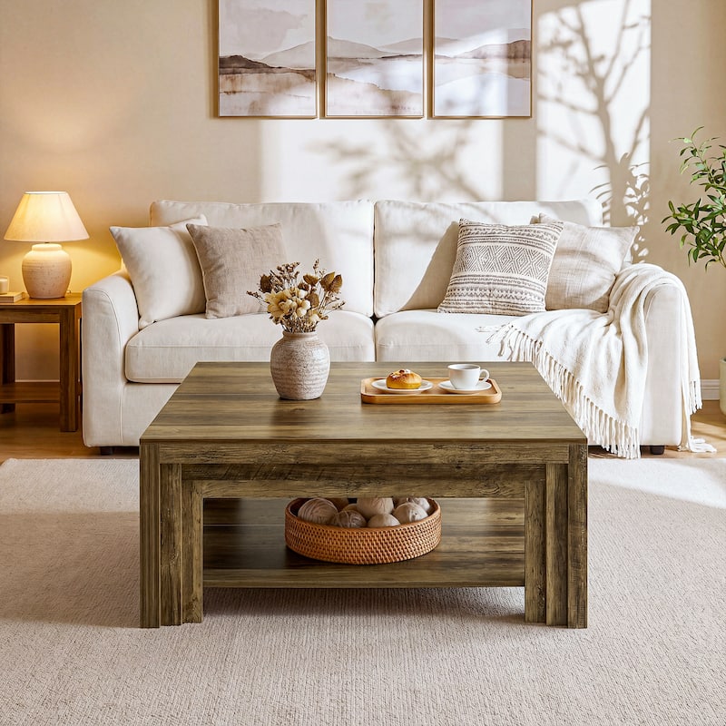 39 Inch Square Coffee Table, Rustic Farmhouse Center Tea Table
