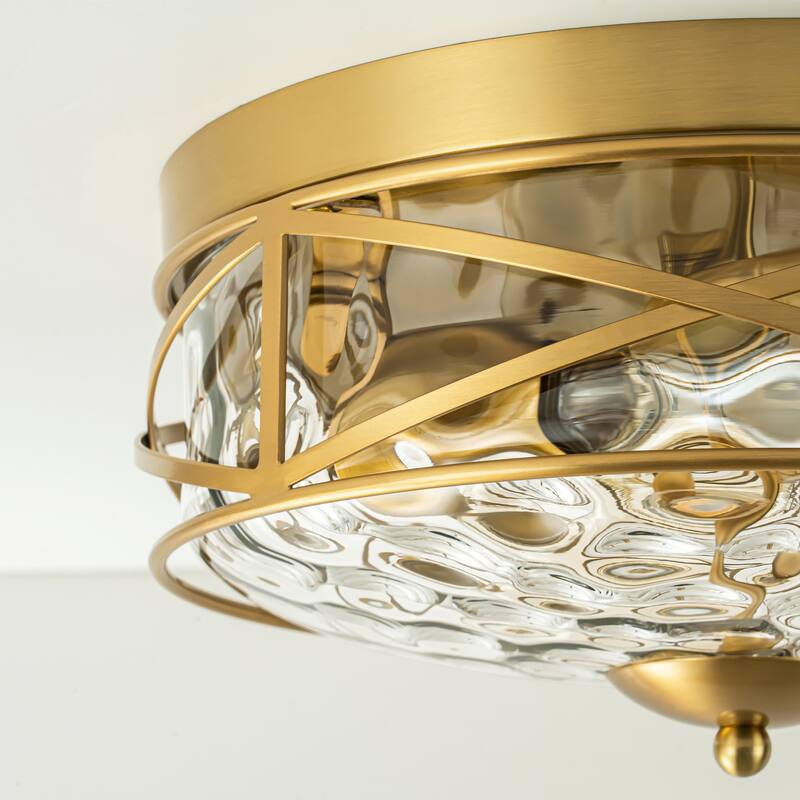 2-Light Mid-Century Modern Vintage Round Dome Water Rippled Clear Glass Cage Flush Mount Ceiling Light