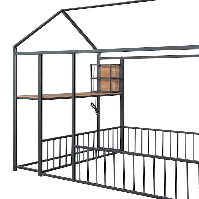Full Size Metal Bed House Bed Frame with Desk, Shelves, Power Outlets and USB Ports