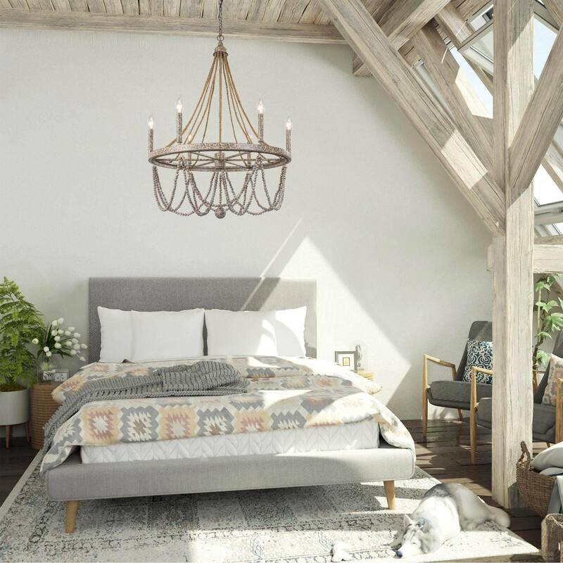 Farmhouse 6-Light Empire Wagon Wheel Chandelier Boho Wood Beaded Light for Dining Room - L25.5"xW25.5"xH37"