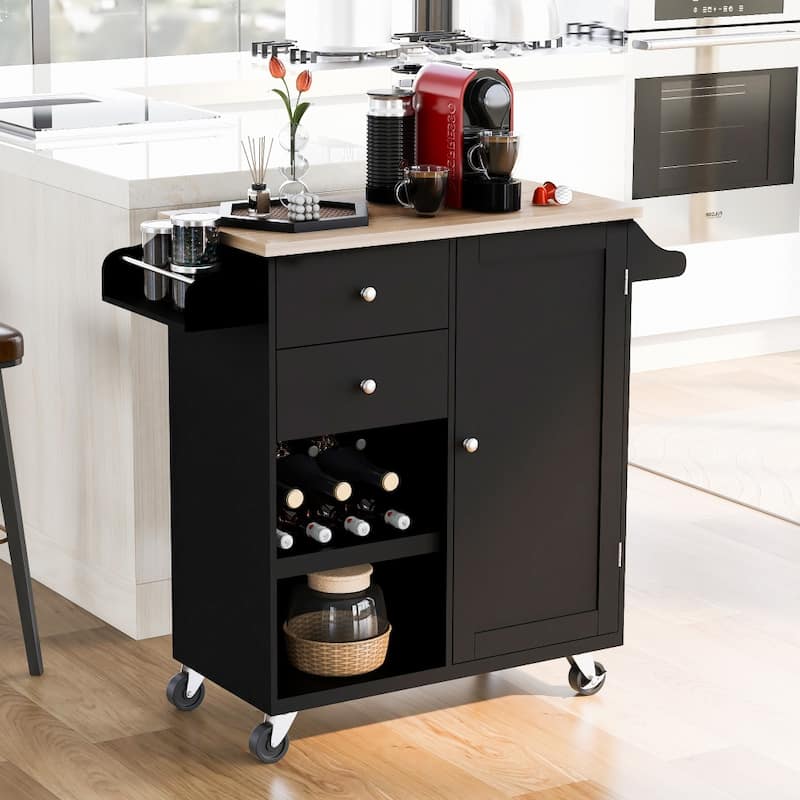 41.3 in. W Kitchen Island Rubberwood Top on 4 Wheels with 2 Drawers and Large Storage Cabinet - Black