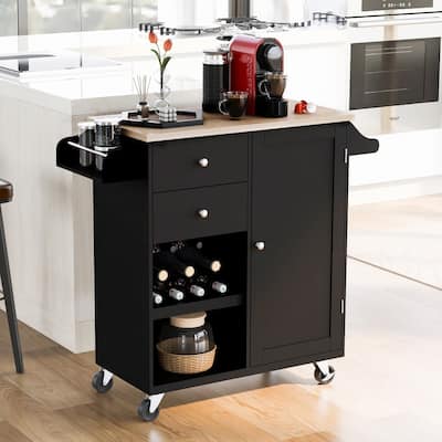 41.3 in. W Kitchen Island Rubberwood Top on 4 Wheels with 2 Drawers and Large Storage Cabinet