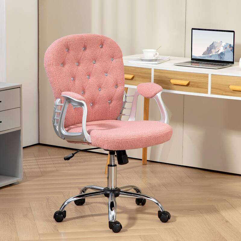 Teddy Fleece Home Office Chair Button Tufted Desk Chair with Padded Armrests, Adjustable Height, for Office, Pink