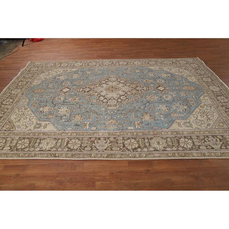 Hand Knotted Oriental 100% Wool Carpet Traditional Medallion Navy Blue & Blues Tabriz Area Rug - 9' 5'' X 6' 7''