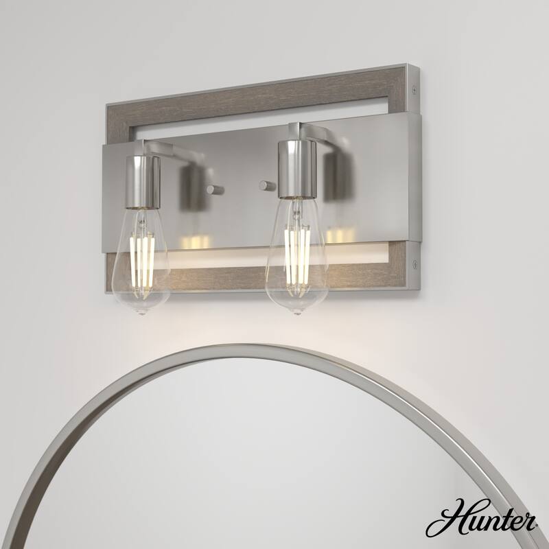 Hunter Woodburn Vanity Wall Light - Modern Farmhouse, Transitional, Rustic - Damp Rated! - 16" - 2 Light - Brushed Nickel