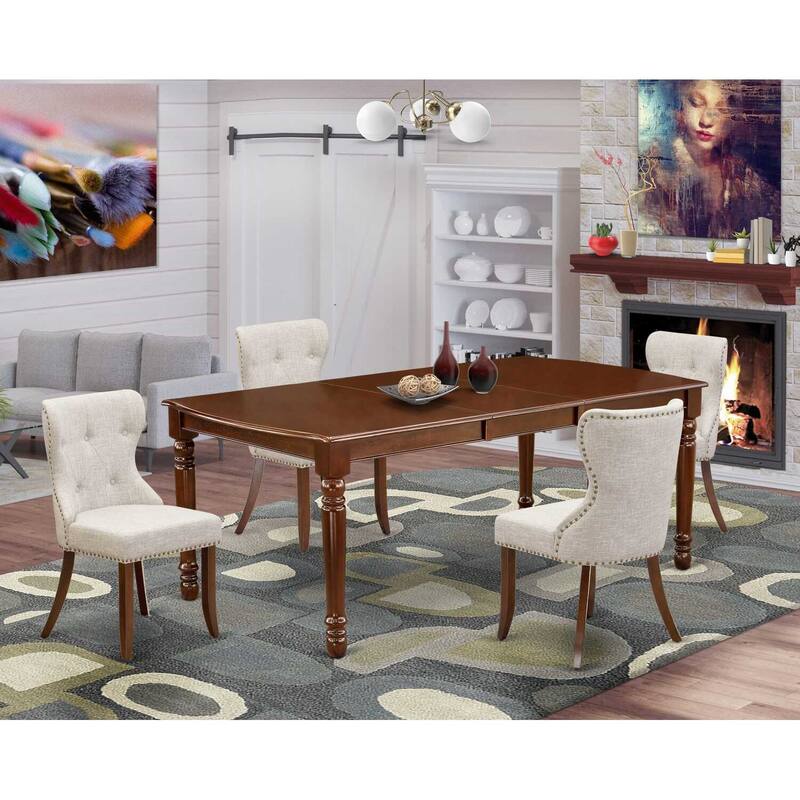 Kitchen Dining Table Set for 4 - Linen Fabric Chairs & Butterfly Table - Mahogany Finish