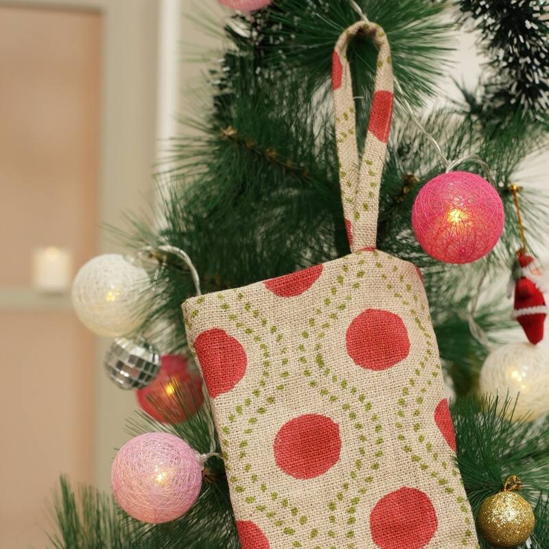 Fabdivine Hand Block Floral Print Christmas Knit Stockings, Home Decorative Gift Use - 16"X6.5"