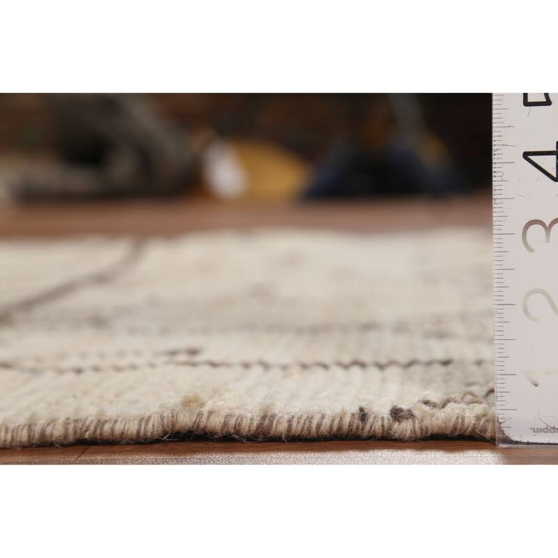 Geometric Ivory Moroccan Oriental Runner Rug Hand-Knotted Wool Carpet - 3'10"x 12'7"