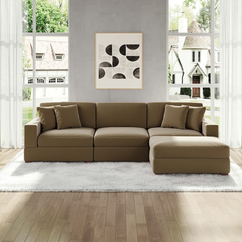 Modular Corduroy Sectional Sofa Set Chaise Couch with Ottoman - Camel-4 Piece