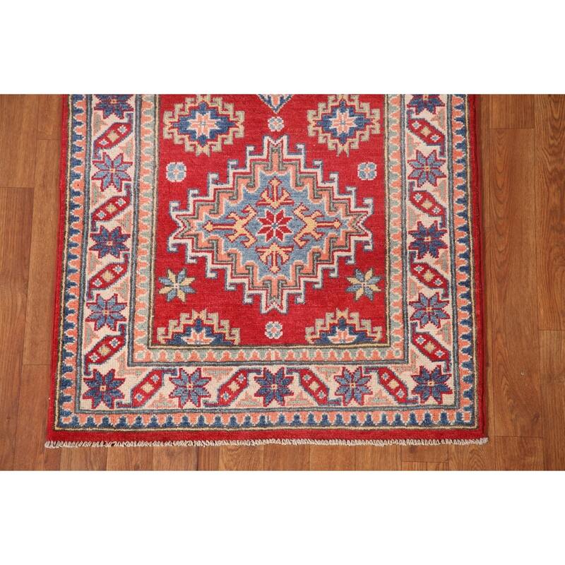 Red Kazak Runner Rug Hand-Knotted Wool Carpet - 2'8" x 8'0"