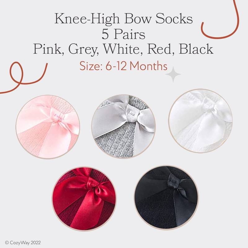 CozyWay Toddler Knee High, Bow style, Black/White/Gray/Pink/Red - 5 pair