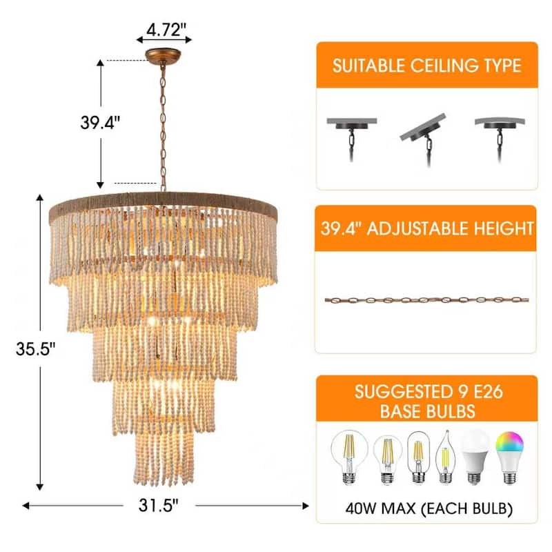 Bohemian Tiered Wood Beads Shade 9-Light Coastal Chandelier Light
