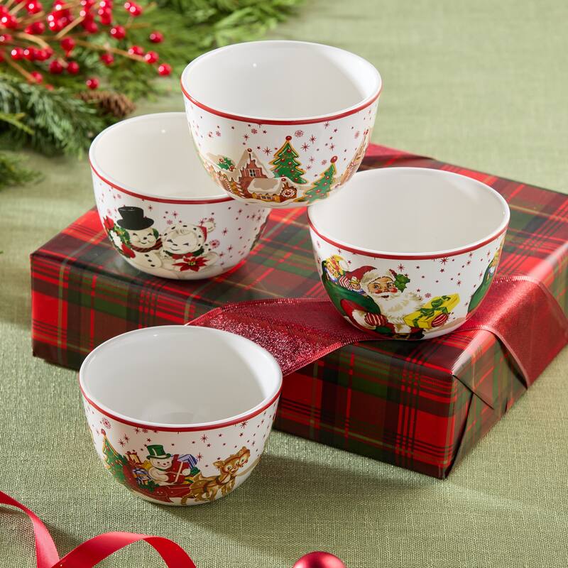 Certifed International Santa's Retro Christmas Set of 4 Ice Cream/Dessert Bowls 5.25" x 3" Assorted Designs