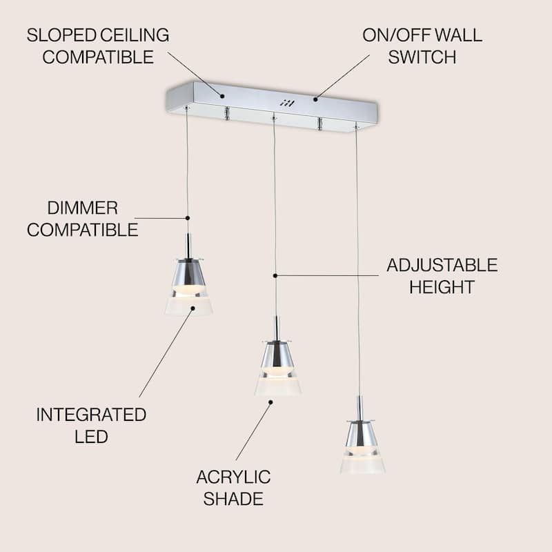 Nube 19.5" 3-Light Adjustable Cascading Metal Integrated Linear LED Pendant, Chrome by JONATHAN Y