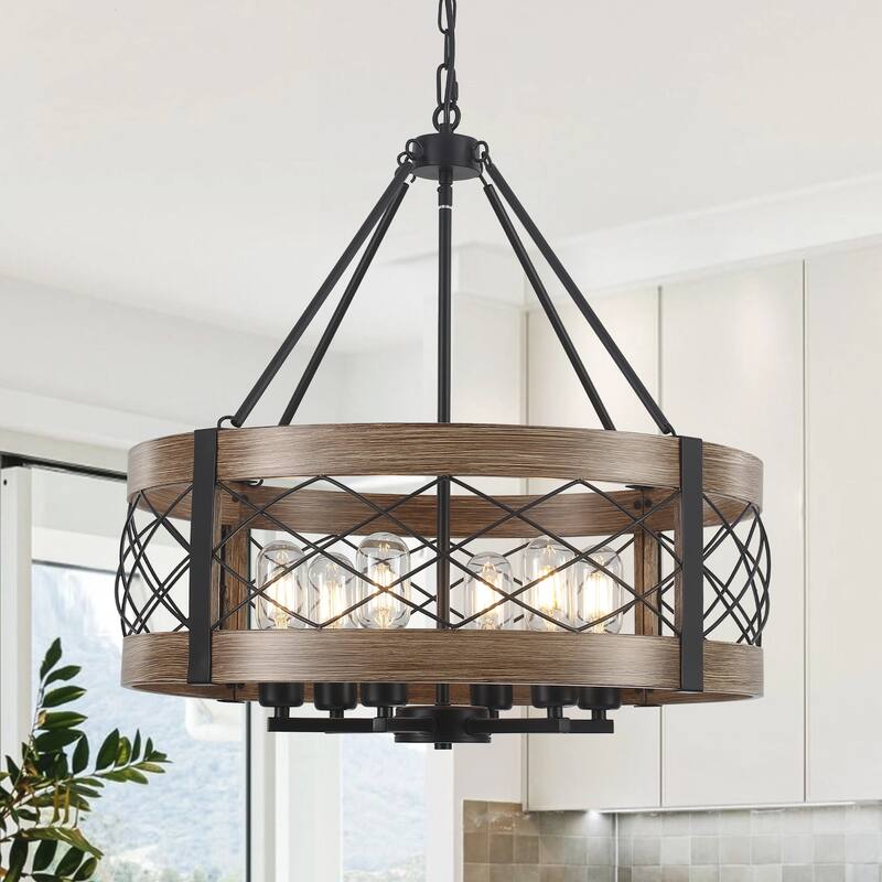 Drum Rustic Hanging Lights 6-Light Adjustable Farmhouse Chandelier Dining Room Light Fixture Kitchen Island Lighting - N/A - Black\Wood Grain