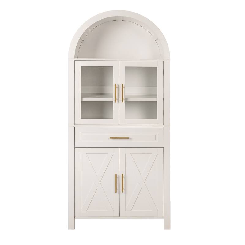 Arched Kitchen Pantry Cabinet with Glass Door, Farmhouse 71" Storage Cabinet with Adjustable Shelves & Barn Door Design