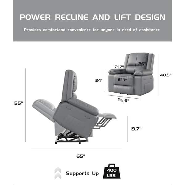 dimension image slide 0 of 6, Leather Power Lift Recliner with Heat & Massage