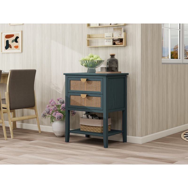 Roomfitters 2 Drawer Side Table, Rattan Nightstand End Table with Storage for Bedroom, Living Room
