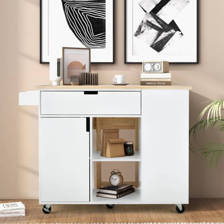 Drop-Leaf Kitchen Island with Rubber Wood Top - 49" x 30" x 36"(L x W x H)