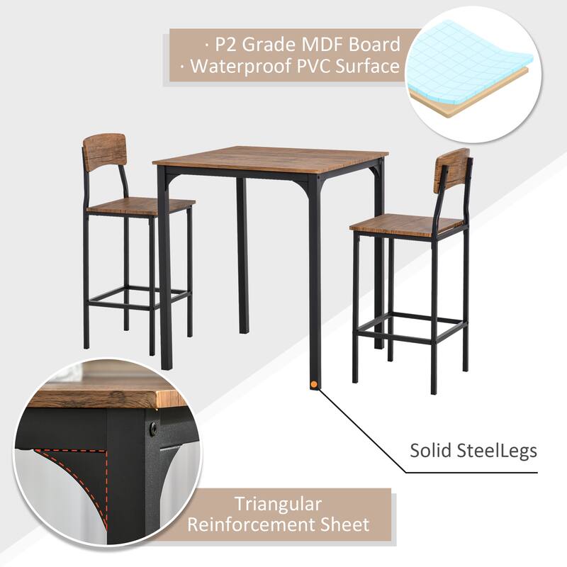 Modern Style 3-Piece Dining Set with Square Counter Height Bar Table and 2 Black Steel Footrest Open Back Dining Chairs
