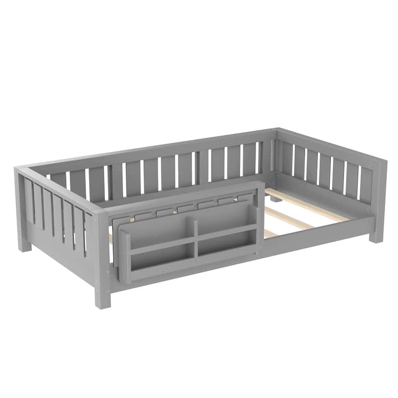 Low Profile Montessori Bed Floor Platform Bed with Fence and Bookshelf