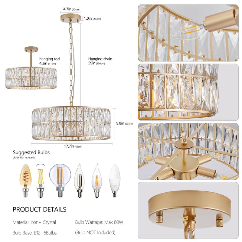 Crystal Chandelier Light with Adjustable Chain, 6-Light Dining Room Hanging Ceiling Light Fixtures with Metal Frame