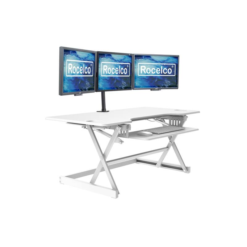 Rocelco 46 in. W White Height Adjustable Standing Desk Converter with Triple Monitor Mount and Deep Keyboard Tray