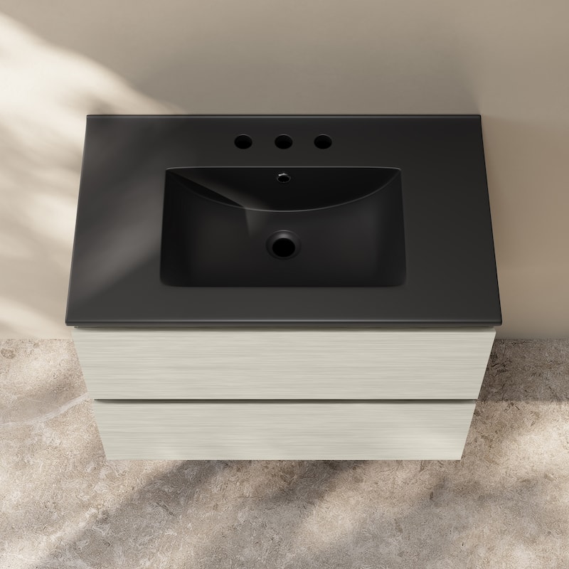 Liberte 30" Wall-Mounted Bathroom Vanity In White Oak With Black 3-Hole Widespread Sink Top - 30