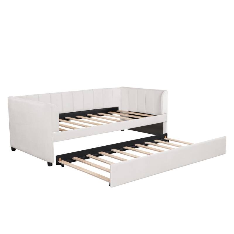 Twin Size Stylish Velvet Daybed with Trundle, Beige