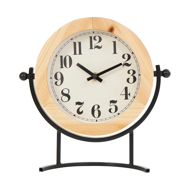 Light Brown Wood Decorative Clock with Curved Black Metal Stand and Ball Details