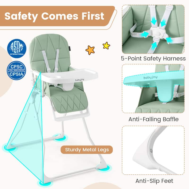 3-in-1 Foldable Baby High Chair with Tray and Footrest Adjustable Footrest Lightweight Waterproof PU Cushion