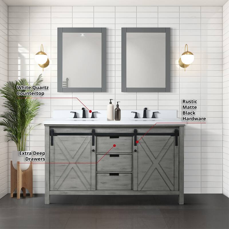 Marsyas 60 in W x 22 in D White Double Bath Vanity, Grey Quartz Countertop and 24 in Mirrors