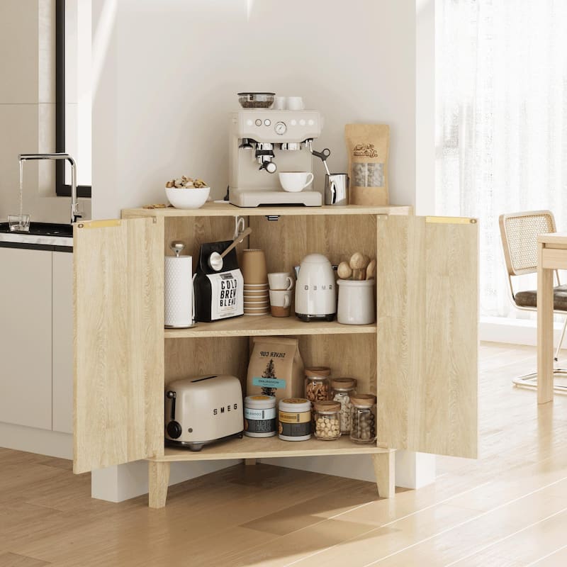 EROMMY Fluted Wood Corner Storage Cabinet with Power Strip, Adjustable Shelf, Small Space Corner Unit