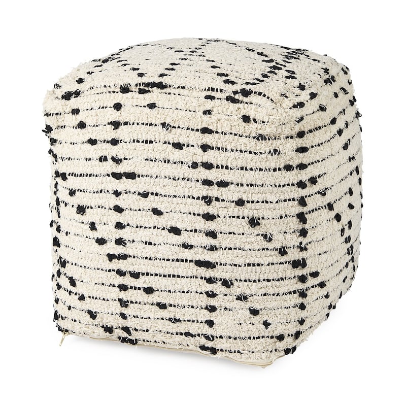 HomeRoots 16" Cream And Black Cotton Geometric Cube Pouf Ottoman