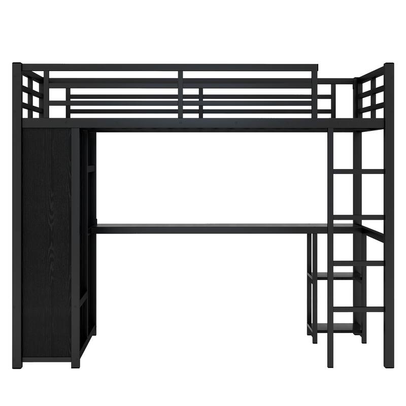 High Loft Bed Metal Bed Frame with Built-in Open Wardrobe, Desk and Storage Shelves, Twin XL Size Loft Bed with Guardrails