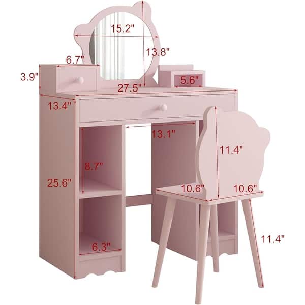 Kids Play Vanity Set w/Mirror & Stool Pink
