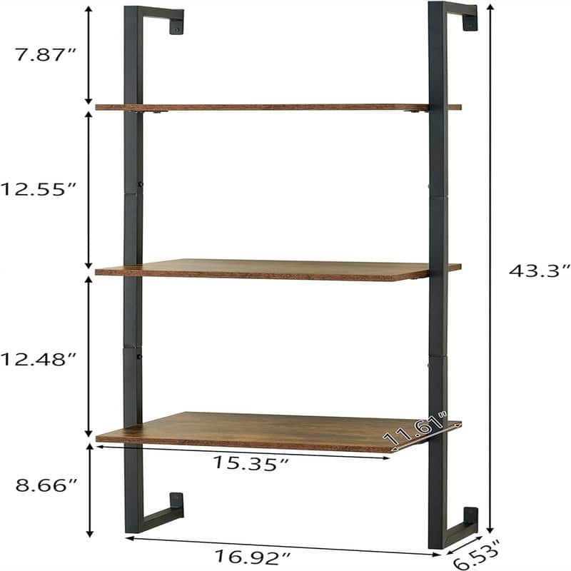 3 Tier Bookshelf Wall Mounted Ladder Shelf - 11.61"D x 16.93"W x 43.31"H
