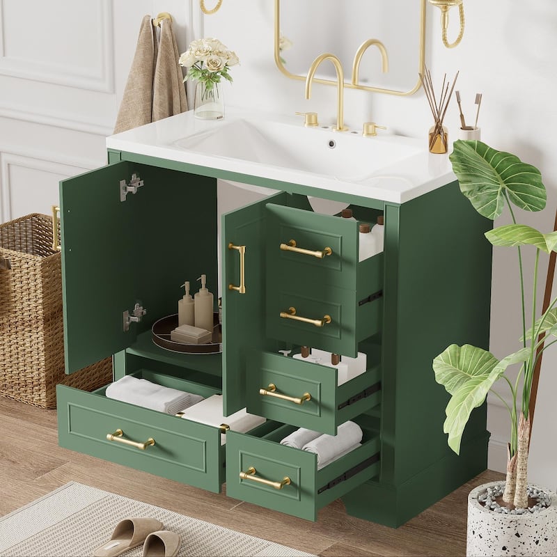 Traditional Bathroom Vanity with Resin Sink, 2 Doors and 4 Drawers - Green