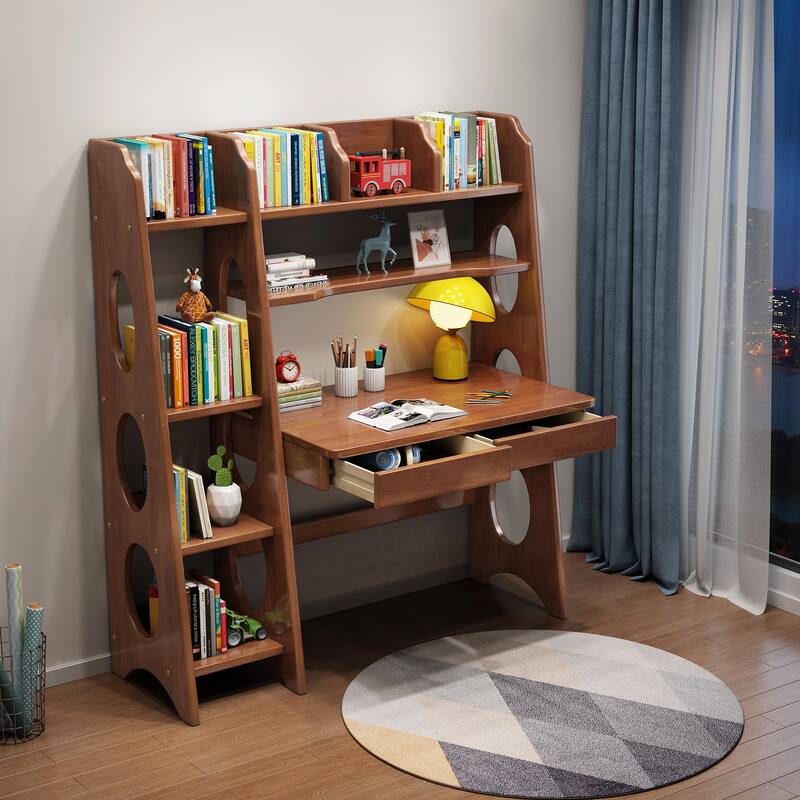 Natural Wood 2-Drawer Kids Desk with Hutch - Brown