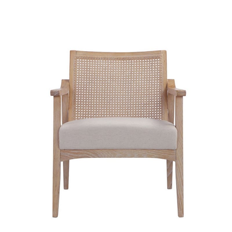 28 Inch Lounge Armchair with Cane Back, Beige Polyester Boucle, Brown Frame