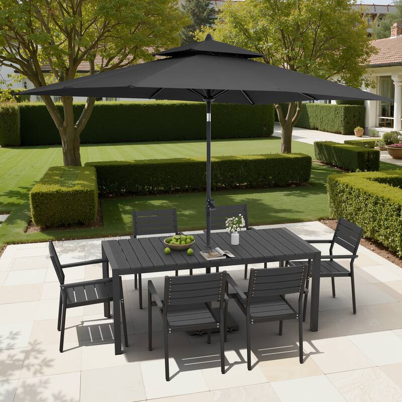 9/11-Piece Patio Dining Set Aluminum Dining Table and Chairs w/10 ft Market Umbrella and Base with Wheels - Set of 9 - Black Table with Black Umbrella