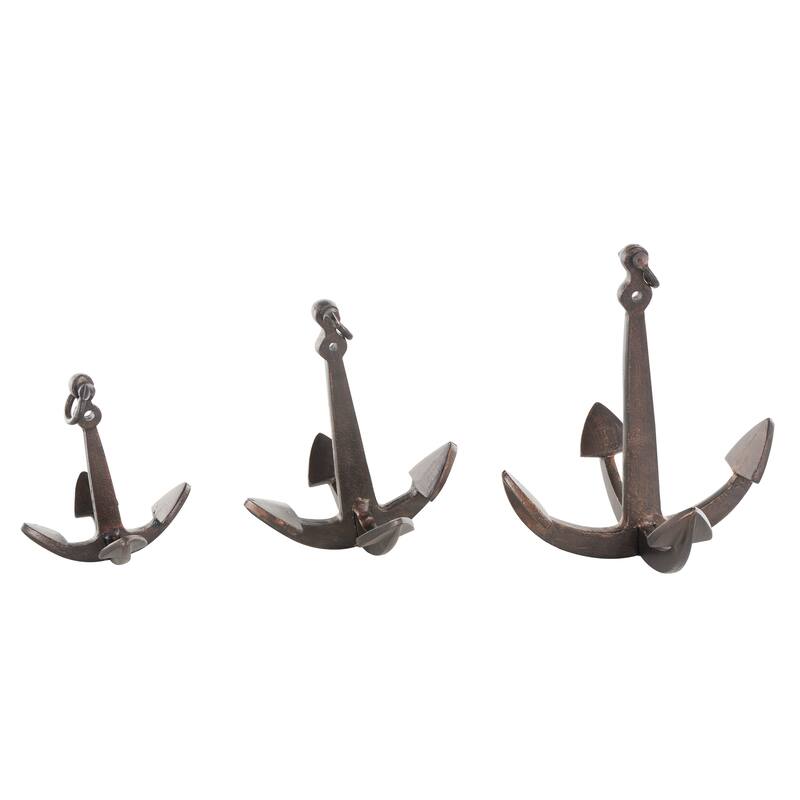 Copper Aluminum Metal Weathered Anchor Decorative Sculpture with Hanging Hook (Set of 3)