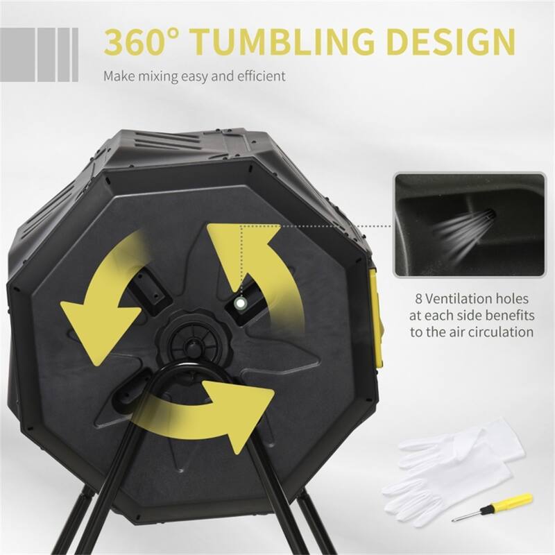 Two-Chamber Tumbling Compost Bin with 360 Rotation & Gloves - 28''L x 25.5''W x 37.75''H